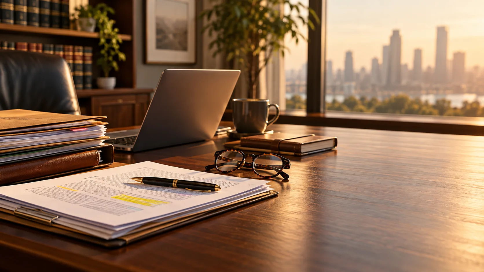 Desk with a laptop, documents and a pen